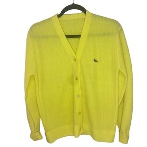 Vintage Lacoste 100% Wool Knit Oversized Button Up V-Neck Sweater Neon Yellow